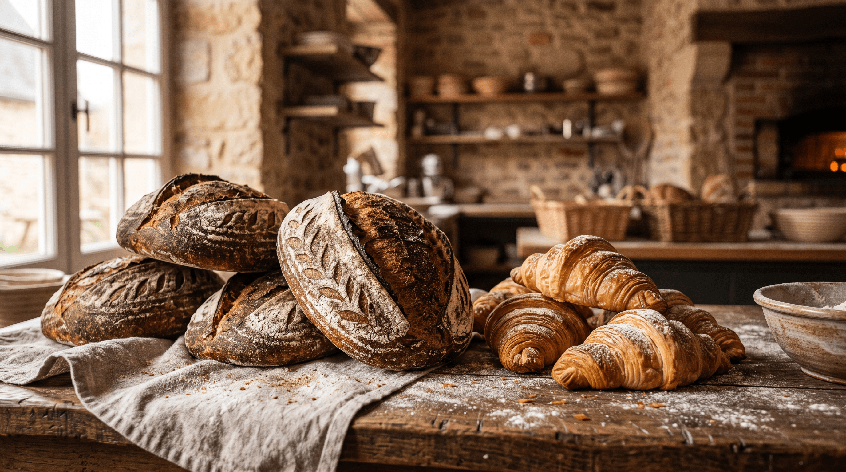 Свежий органический хлеб и выпечка на деревянном столе в пекарне Farine